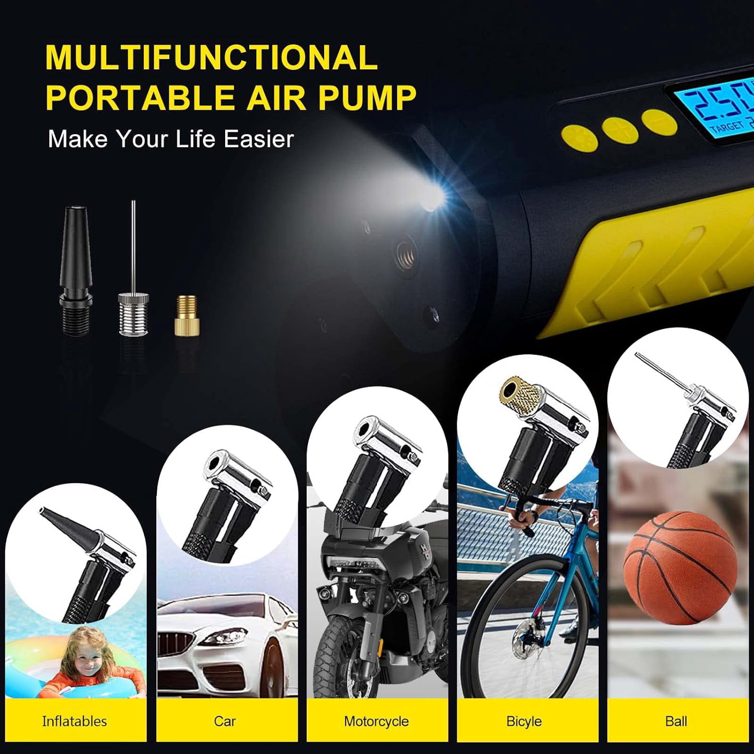 KIKIMO Tire Inflator Air Compressor for Tesla Portable Tesla Model 3/Y/S/X Accessories, 12V Cordless with Digital Pressure Gauge, 150psi Air pump with LED Light for TESLA, Bicycle