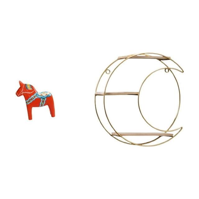 Figura decorativa de escritorio sueca con forma de caballo Dalecarlian de madera, estante de pared de metal artesanal de 3 niveles, ideal para la sala