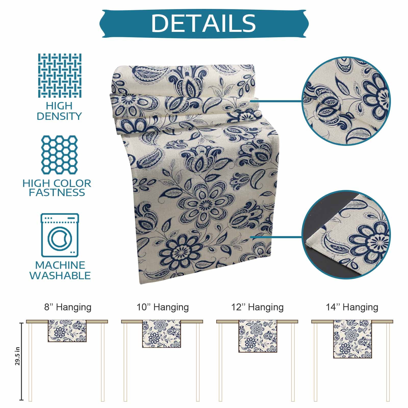 nqOlkjepod Navy Blue Flowers Table Runner 48 Inches Long Farmhouse Dress Scarves, Retro Ethnic Floral Pastoral Art Dining Tablerunner for Coffee Table/Kitchen Island/Party Décor, 13" x 48"