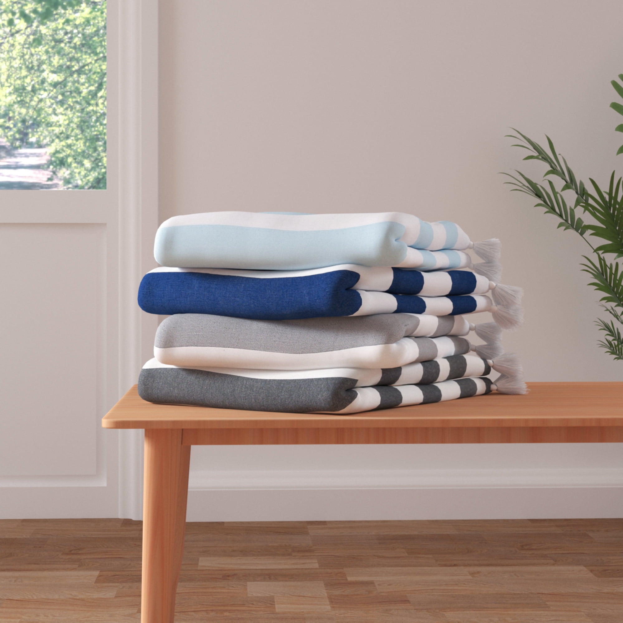 Ox Bay Blue Striped Cotton Throw Blanket, 50" x 60"