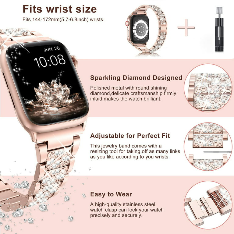 Wearlizer Compatible with Apple Watch Band Women 38mm 40mm 41mm 42mm, Bling  Diamond Metal Strap for iWatch Series 8 7 6 SE 5 4 3 2 1 