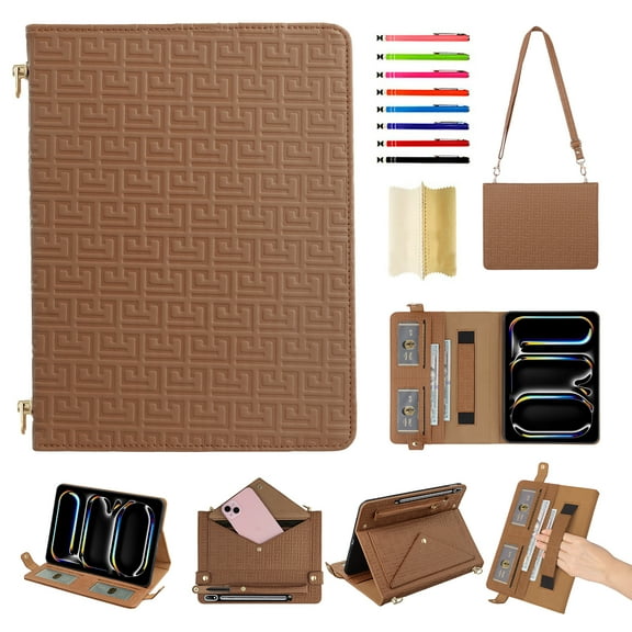 Case for Samsung Galaxy Tab S9 FE /S9 /S10 , Folio Stand PU Leather Cover with Shoulder Strap&Handstrap with elastic, Multi-Card Slots Cash Pockets Pen Slot Envelope Pocket Wallet Case, Brown