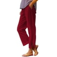 thumbnail image 2 of Womens Pants Women Solid Straight Solid Elastic Pants Long Drawstring Linen Women Waist Cotton Casual Button Slit Trouser Legs Pants Casual Pants Women, 2 of 5