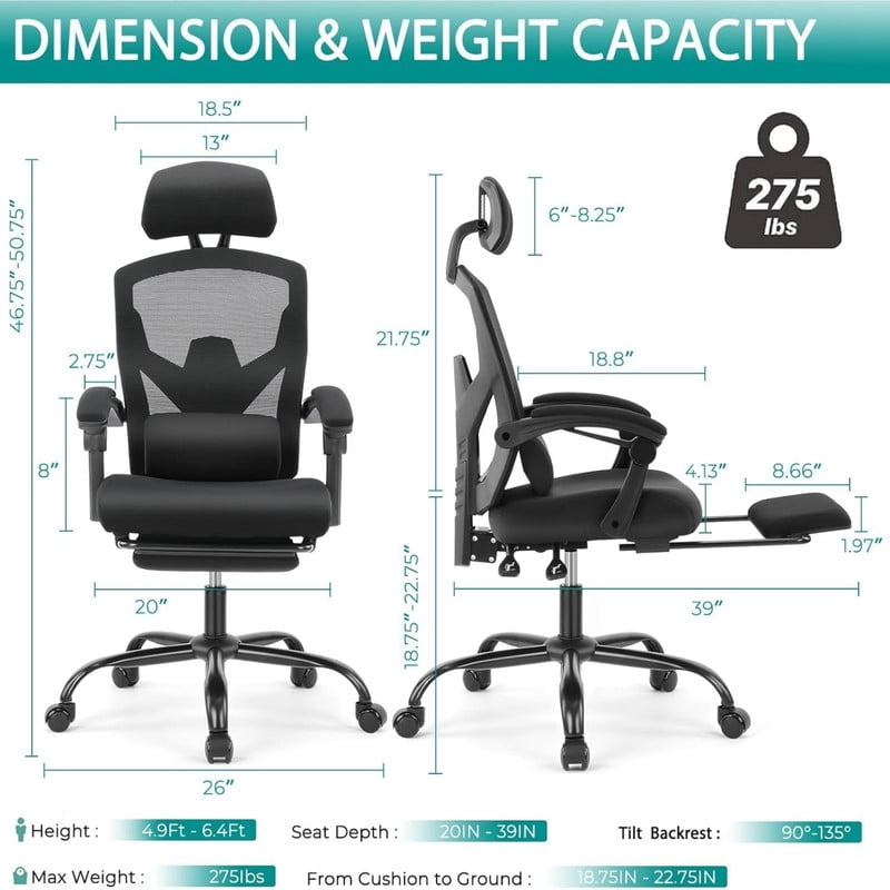 Kelno Ergonomic Office Chair High Back Reclining Swivel Desk Chair Retractable Footrest, Black