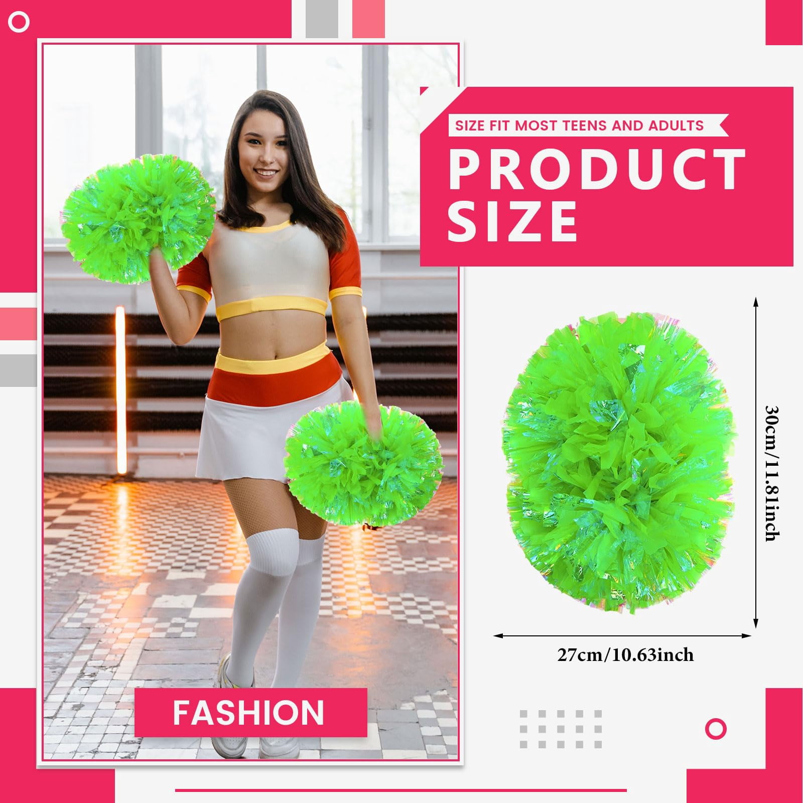 Cheerleading Pom Poms 14 Pcs with Handle Style, Handheld Squad Pompoms for Sports Team Cheer Spirit Games Dance Party Adults