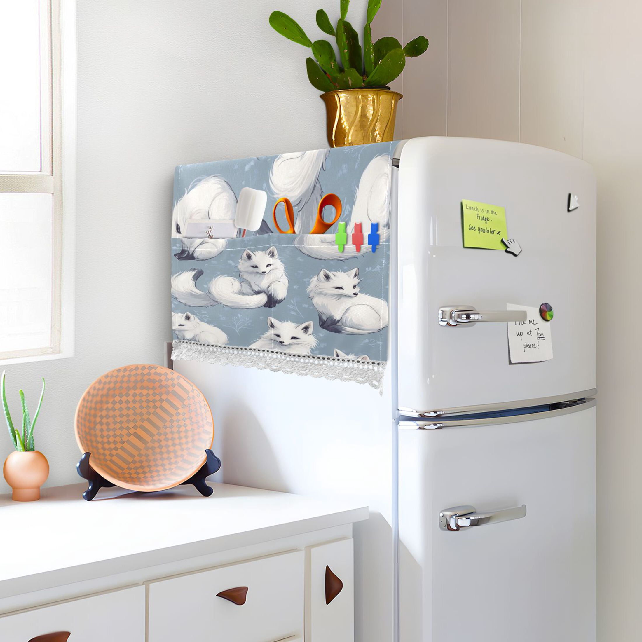 Cute FoxWasher and Dryer Covers Dust-Proof and Oil Resistant Fridge Cover with 4 Storage Pockets Washing Machine Top Cover for Laundry Kitchen Home 51.2 x 22 In