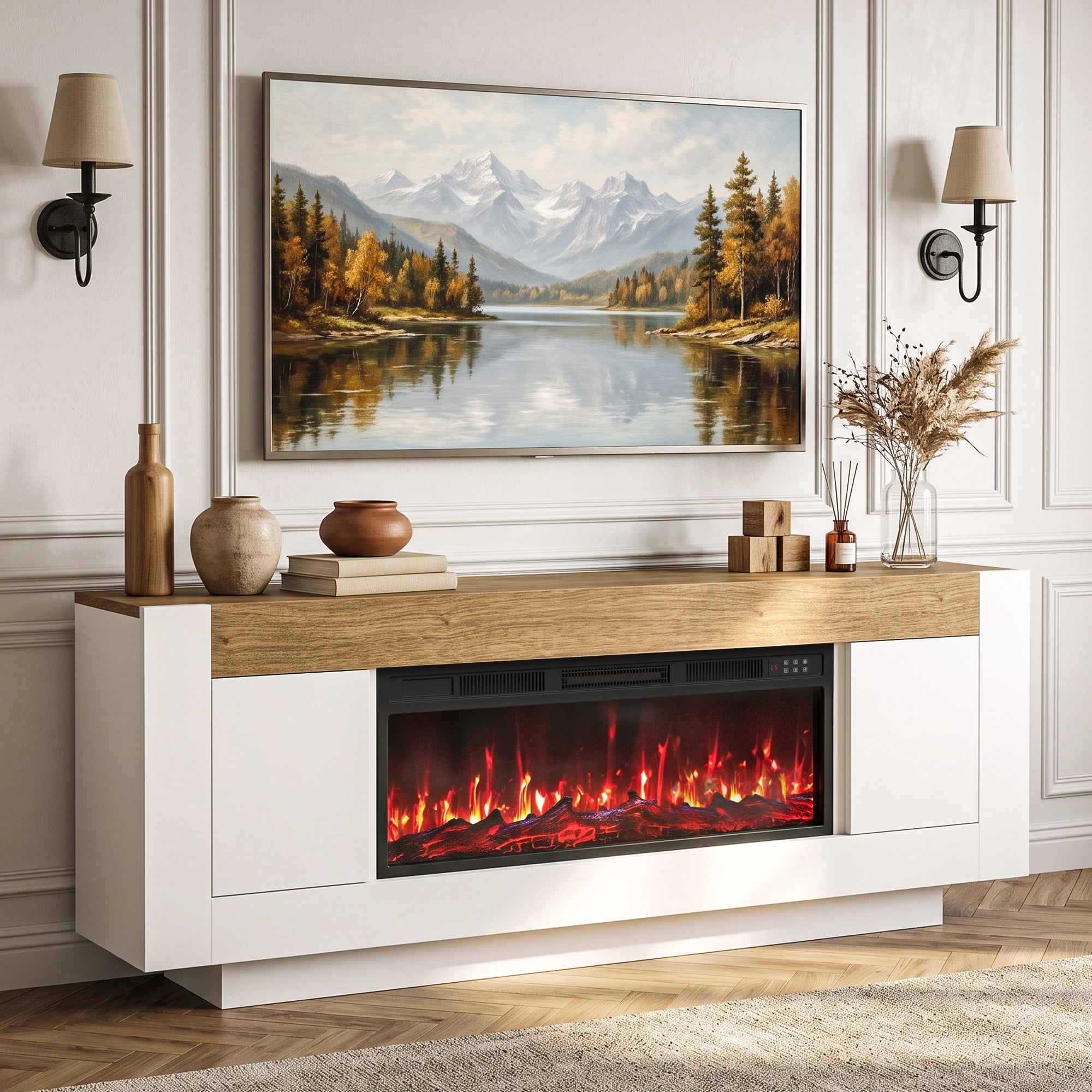 BOSSIN 70" TV Stand with 36" Fireplace, Modern Farmhouse Entertainment Center for 80" TV, Media Console Table with Side Cabinets & Hidden Storage, Living Room, Bedroom, White