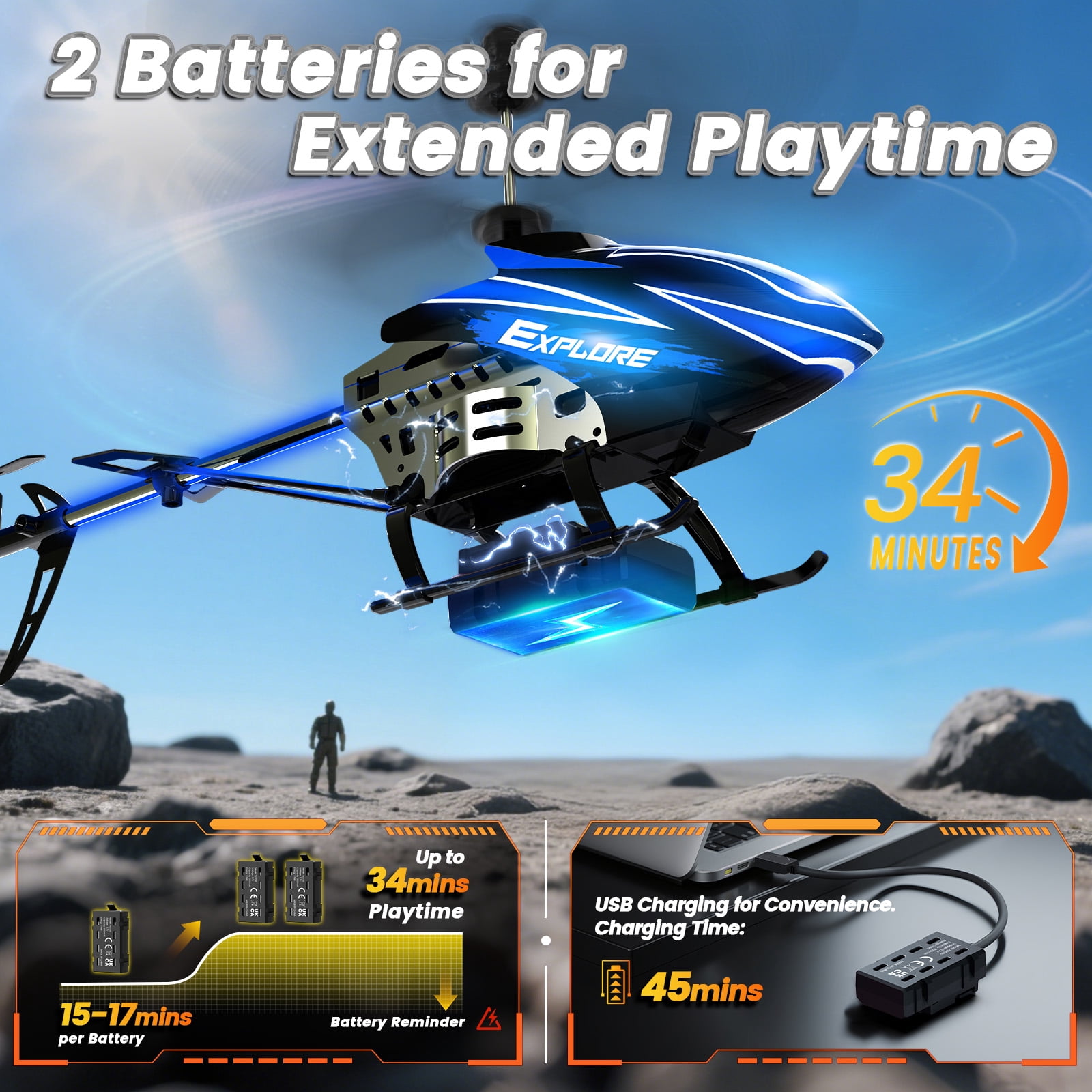 Wefone YK020 RC Helicopter for Kids with 3.5CH, 7 LED Light Modes, Altitude Hold, 2 Batteries, Blue