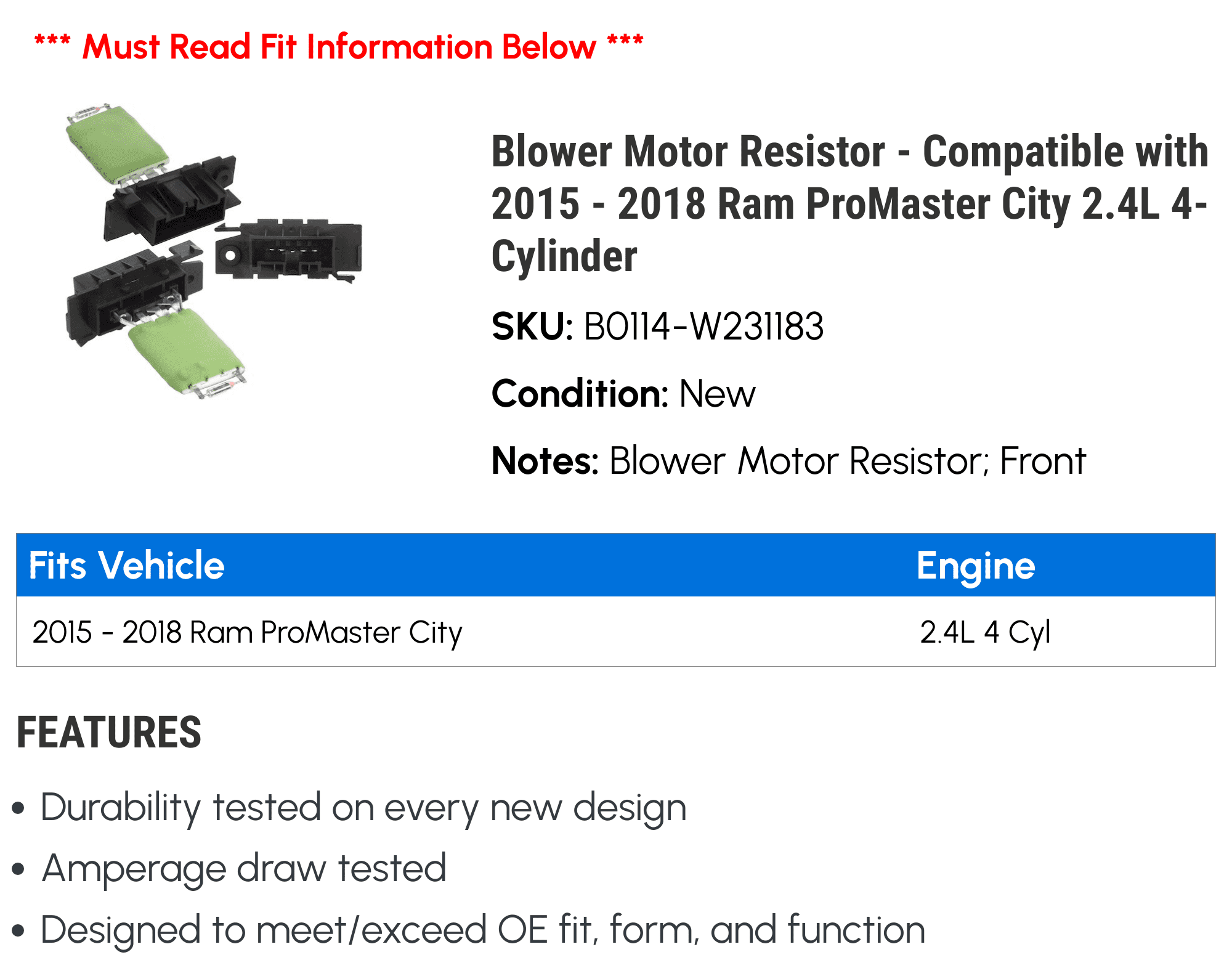 Blower Motor Resistor - Compatible with 2015 - 2018 Ram ProMaster City 2.4L 4-Cylinder 2016 2017