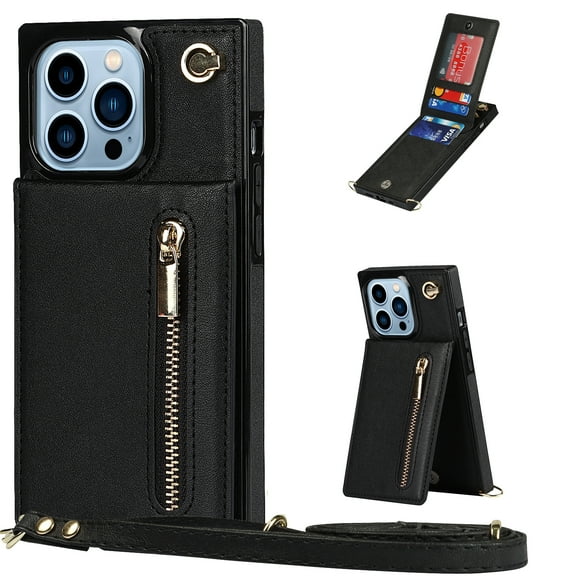 Allytech for iPhone 14 Pro 2022 Case with Crossbody Strap, PU Leather Stand Wallet Purse Case with Credit Card Slots Zipper Pocket Detachable Shoulder Strap Case for iPhone 14 Pro 6.1", Black