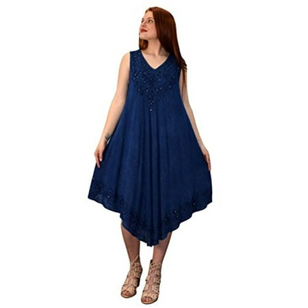 - Peach Couture Classic Denim Uneven Hem Caftan Dress Long Tunic Cover up (One Size, V-Neck Navy Denim)