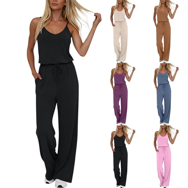Sentmoon Rompers Sleeveless V Neck Spring Jumpsuits for Women Solid Color Regular Fit Spaghetti Strap Beach Vacation Outfits for Women Summer for Work and Weekend S-2XL