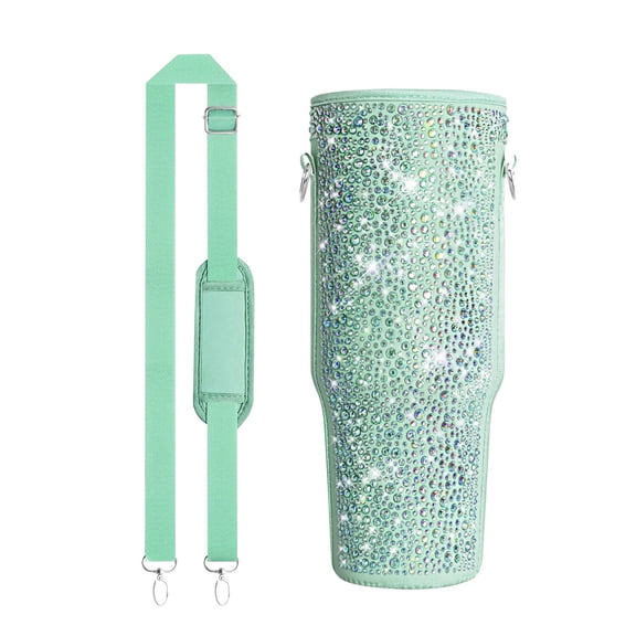 Rhinestone Tumbler Sleeve with Handle, 40 oz Bling Glitter Water Bottle Carrier Pouch Protective Cover for 40 oz Insulated Tumblers and Travel Mugs, Green