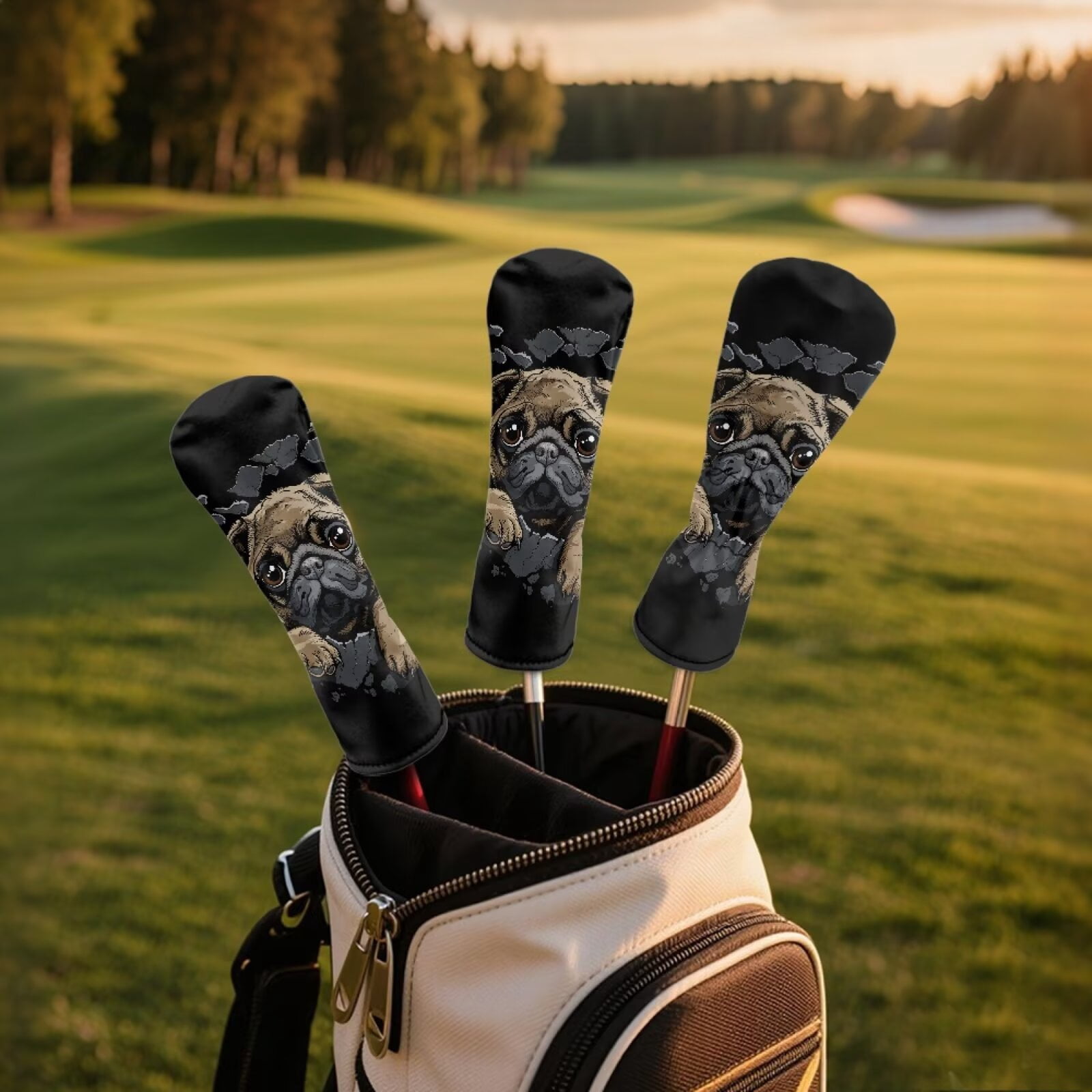 Uorisanigo Cute Pug Golf Club Headcover for Driver, Woods and Hybrid , 3 PCS Set, Premium PU Leather Golf Club Covers for Extra Clubs Protection, Accessories for Men Women