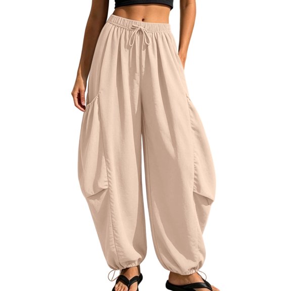 cocolona Womens High Waist Casual Harem Pants Elastic Waist Drawstring Straight Travel Lounge Pants with Pockets