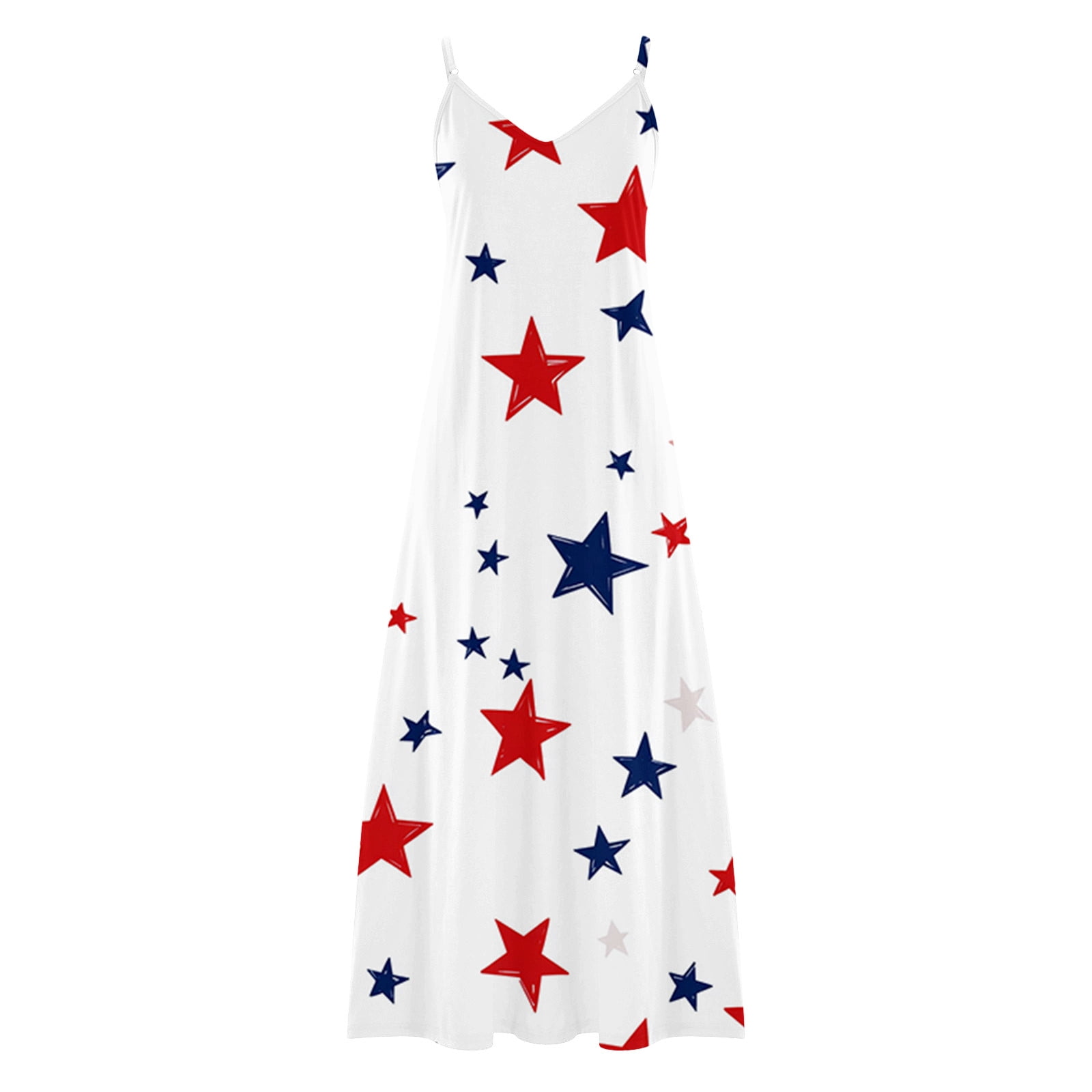 Plus Size Women 4th of July Sleeveless Dress Patriotic V Neck Maxi Dresses Spaghetti Strap Beach Long Dresses