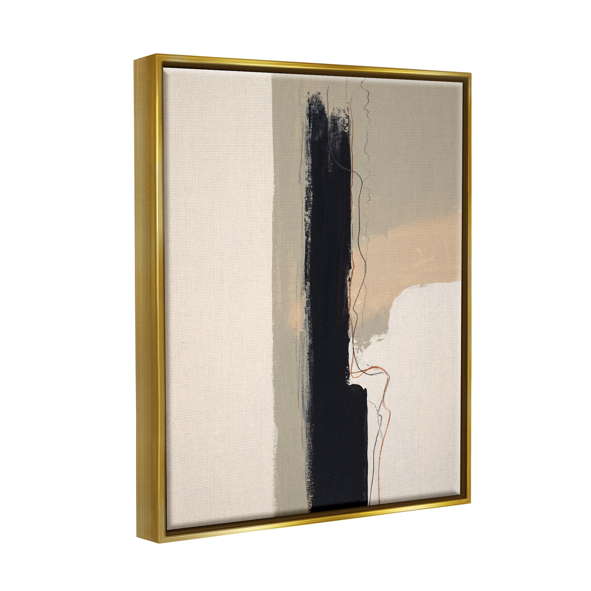 Stupell Industries Modern Black Streak on Beige Abstract Painting Gold Floater Framed Canvas Art Print Wall Art, 25 x 31