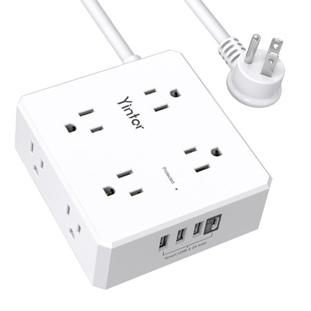 6 Ft Extension Cord Power Strip,YINTAR 3 Side 8 Widely Surge Protector Outlets with 4 USB Ports,Flat Plug,Wall Mount,ETL,White