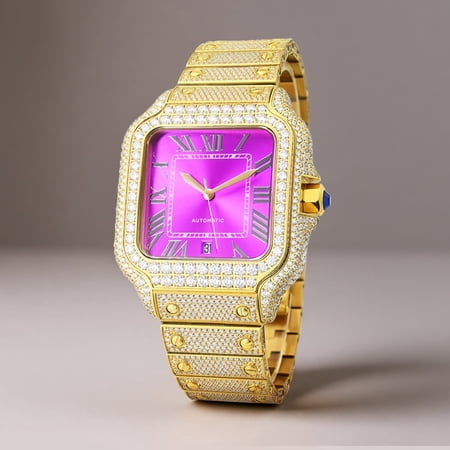 16.75CT Stylish Hip Hop Iced Out VVS Moissanite Automatic Watch, Collection of 2882 D Color Moissanite Stones , Yellow Strap, Passes Diamond Tester