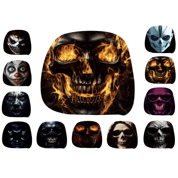 Funny Creepy Flaming Fire Skull Car Headrest Cover, Stretch Elastic Universal Auto Head Rest Protector, Halloween Prank Decorative Headrest Sleeve