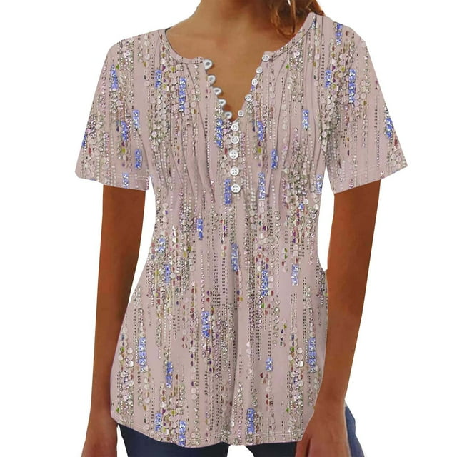 Womens Printed V-neck Button Up Short Seeved Top