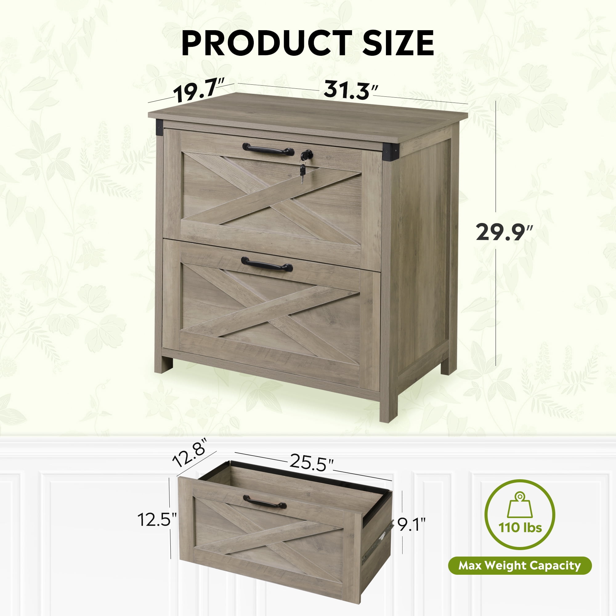 GALAXHERO 2 Drawer Lateral File Cabinet with Lock, Farmhouse Wood Filing Cabinet for Home Office, Fits Letter/Legal/A4, Printer Stand, Gray Oak
