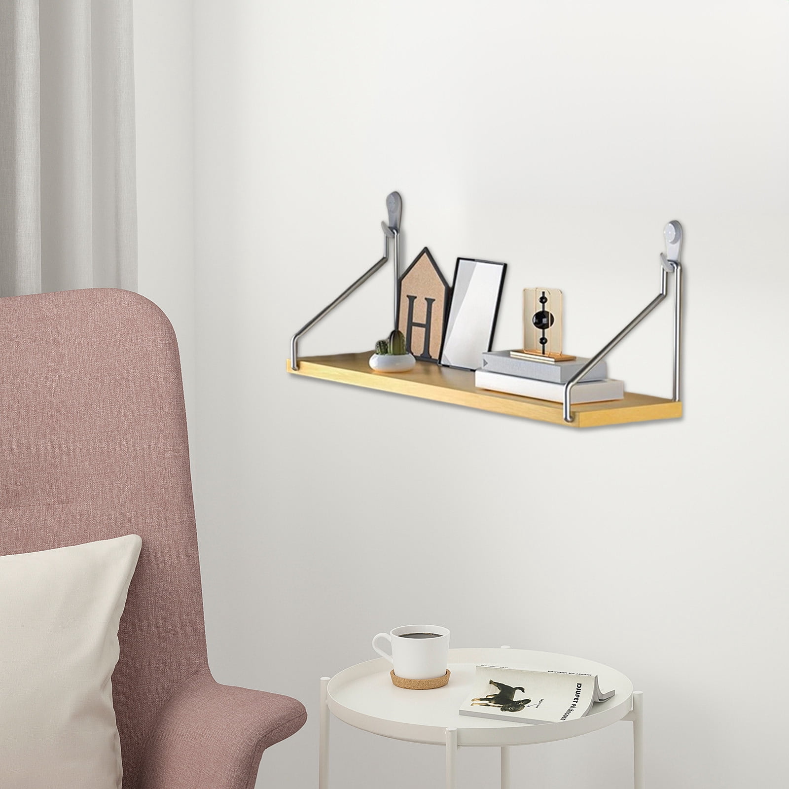 Oggfader No Drill Floating Shelf - Small Wall Mounted Wooden Ledge for Bedroom Living Room Router Bookshelf - Renter Friendly Adhesive Strips Holds 30lbs - Mustard Yellow