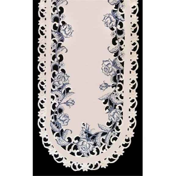 H8459-B Delft Blue & Rose Round Doily, 24 in.