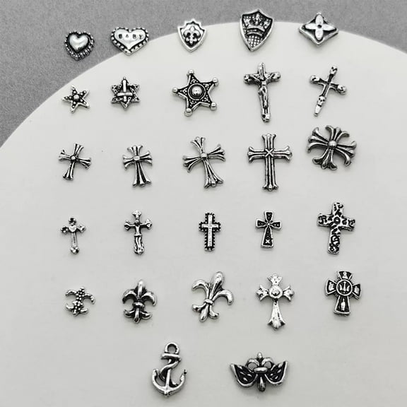 27PCS Sterling Silver Vintage Punk Nail Accessory Charms Set Cross for Nail Art DIY Phone Case Decor
