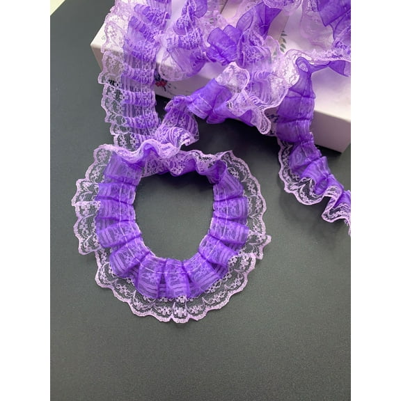 NAMZI 50 Yards 1.77 Inch Vintage Pleated Net Lace Trim, Gathered Mesh Ribbon with Embroidered Edge Ideal for Wedding Bridal Dresses & DIY Crafts, Purple