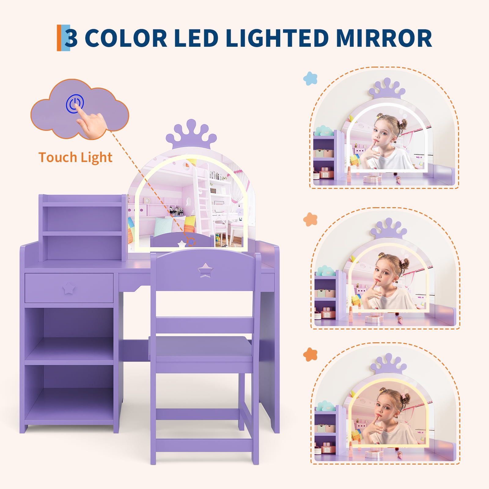 Kids Vanity Set with Lighted Princess Mirror Wooden Makeup Desk with Chair, Drawer & Open Shelves-Purple Dressing Table for Little Girls