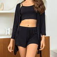 thumbnail image 6 of Xfvqtps Womens Pajama Set 3 PCS Sling Short Pants and Robe Open Front Solid Color Simplicity Cozy Comfortable Soft House Casual Suit Black, 6 of 9