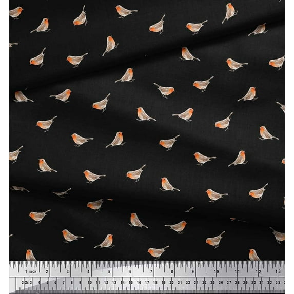 Soimoi Black Cotton Poplin Fabric American Robin Bird Print Fabric by The Yard 56 Inch Wide