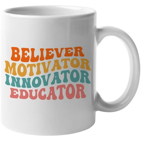 

Believer Motivator Innovator Educator Groovy Retro Wavy Text Merch Gift White 11oz Ceramic Mug