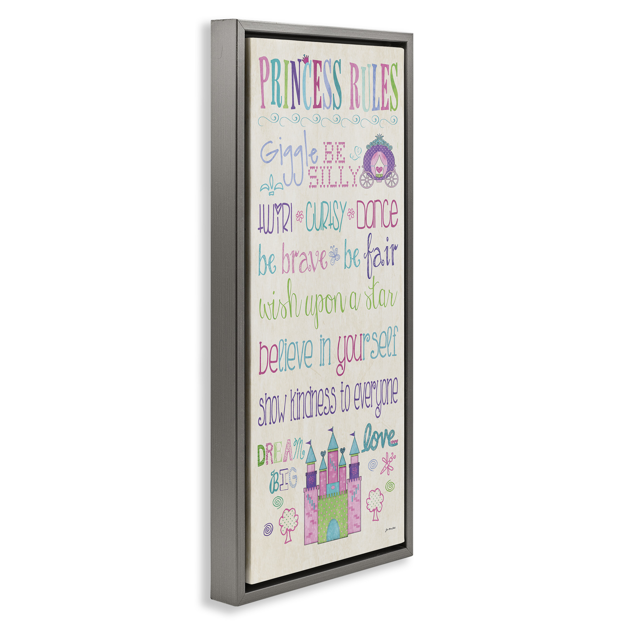 Stupell Industries Princess Rules With Castle & Carriage Art for Kids Painting Gray Floater Framed Canvas Art Print Wall Art, 15 x 31