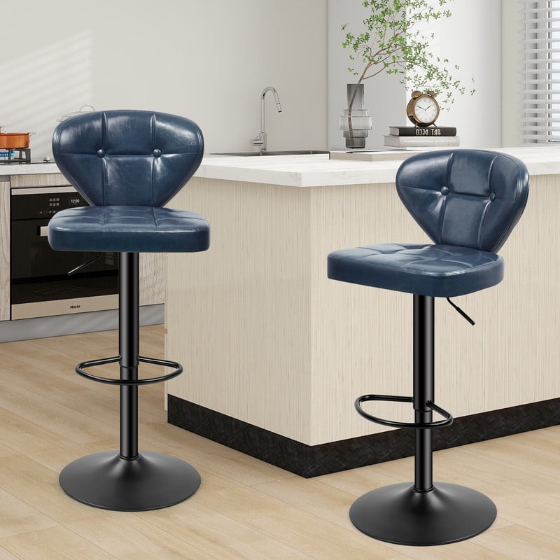 Hawsaiy Vintage Style Leather Bar Stool Set of 4 with Button-Tufted Design,Blue