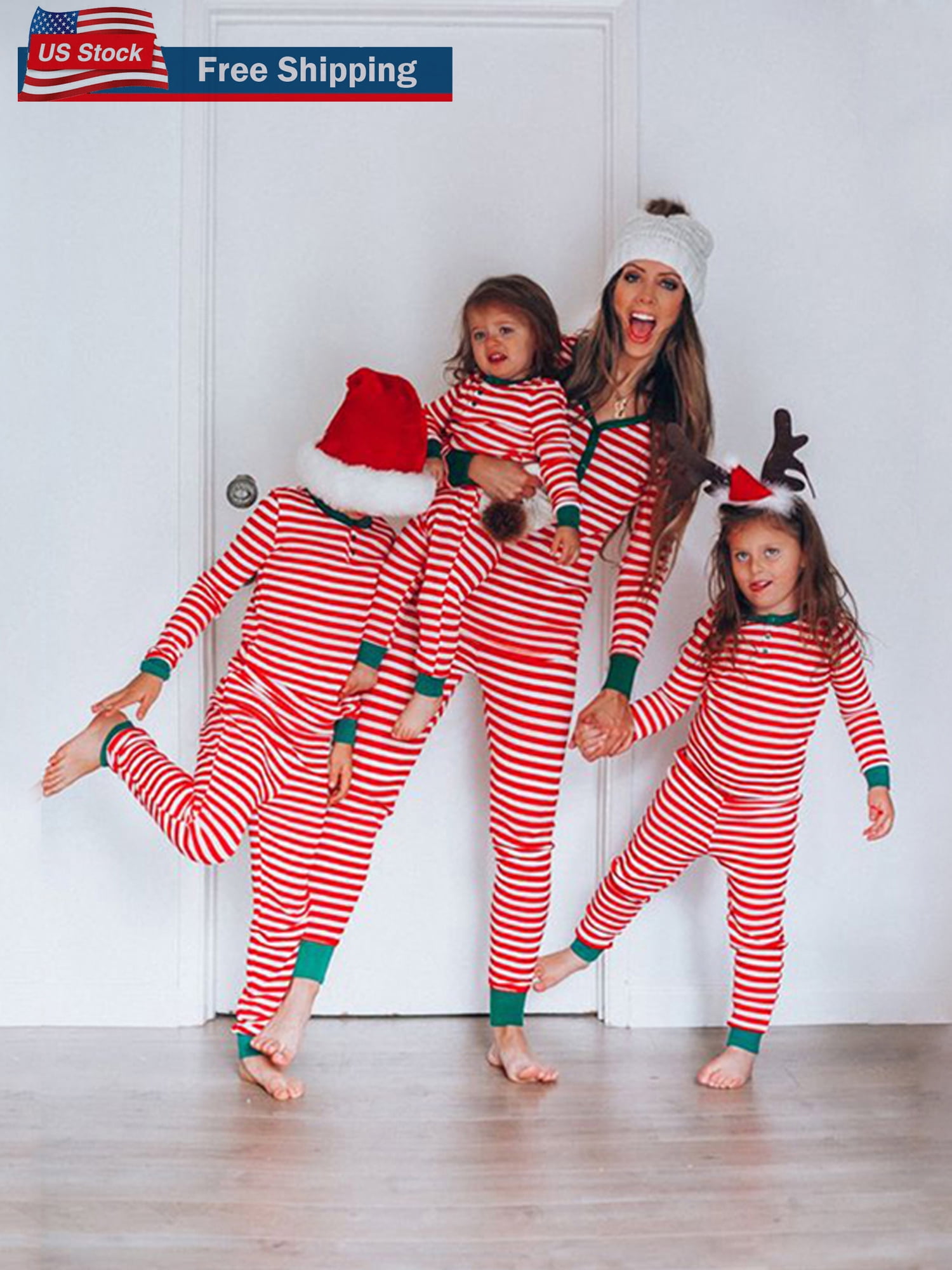 Parent Child Striped Nightclothes Christmas Pajamas Kid Adult Baby Family Top Sleeping Jogger Trousers
