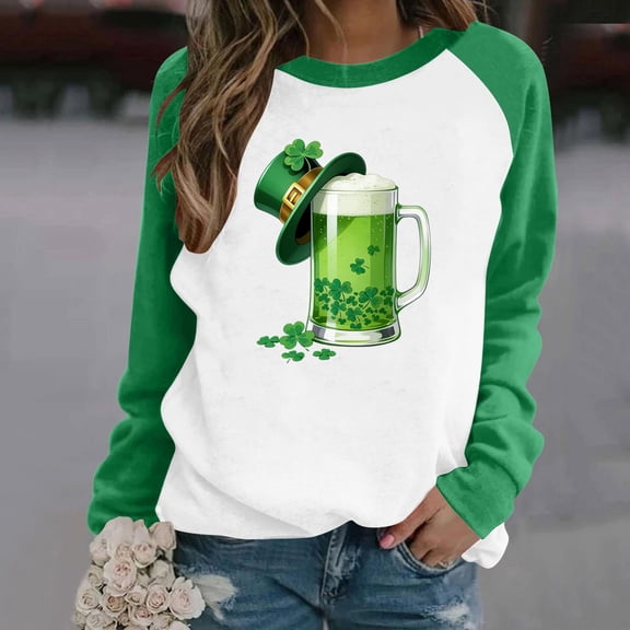 Xuyuer St. Patrick's Day Sweatshirt for Women Irish Shamrock Pullover Shirts Tops Raglan Sleeve Lucky Leaf Clover Shirt