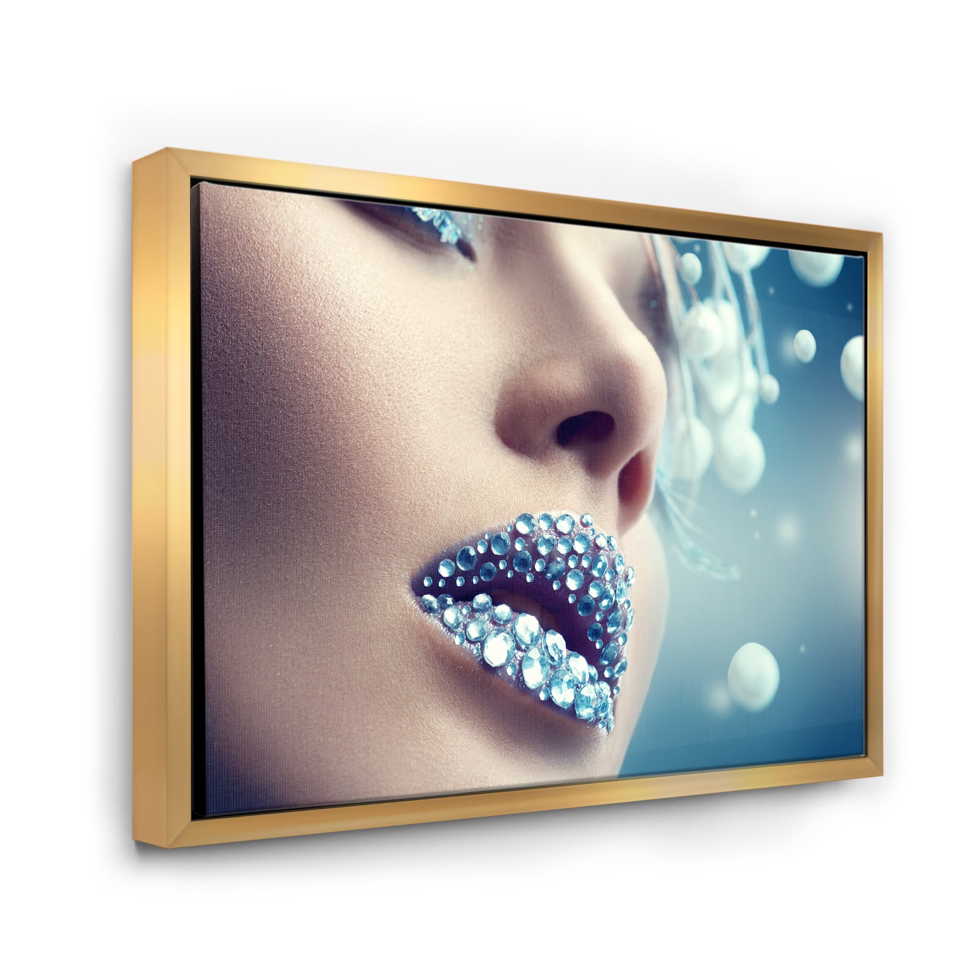 Designart 'Close-Up Of Gems On Female Lips' Modern Framed Canvas Wall Art Print