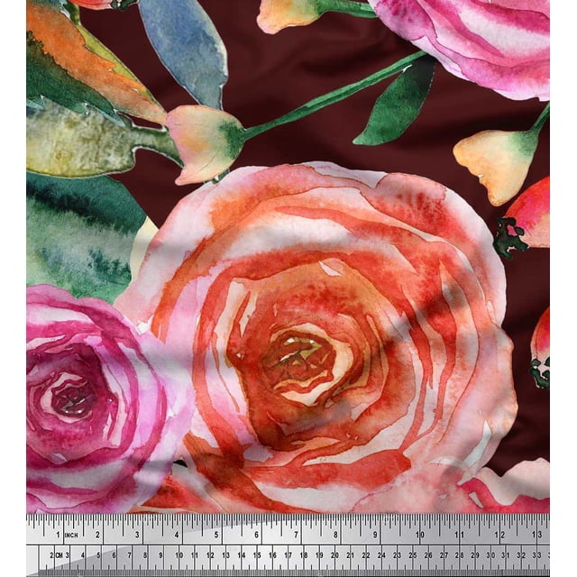 Soimoi polyester Crepe Fabric Leaves & Rose Flower Decor Fabric Printed Yard 52 Inch Wide