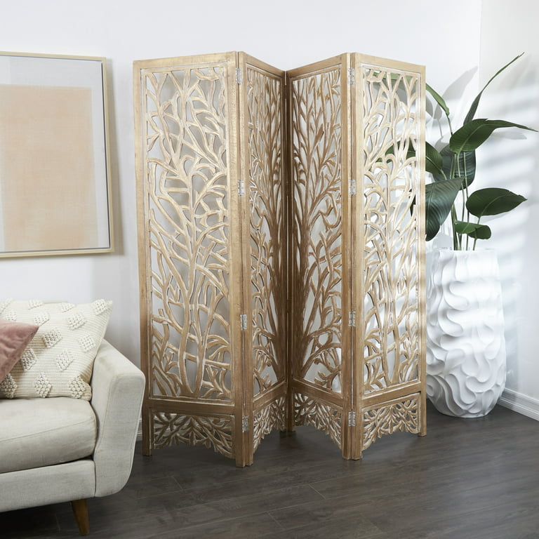 Decmode 80 inch x 72 inch Gold Wooden Tree Hinged Foldable Partition 4 Panel Room Divider Screen with Intricately Carved Designs, 1-Piece