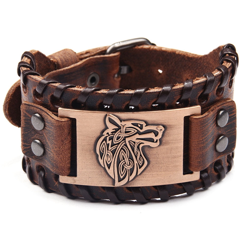 HEQU9117 Viking Genuine Leather Bracelet Punk Nordic Compass Valknut