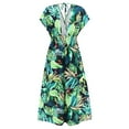 thumbnail image 5 of Wycnly Formal Dresses for Women Short Sleeve V-Neck Leaves Print Summer Long Dresses Beach Vacation Boho Elastic Waist A Line Sun Dress Green s Clearance Under $5, 5 of 7