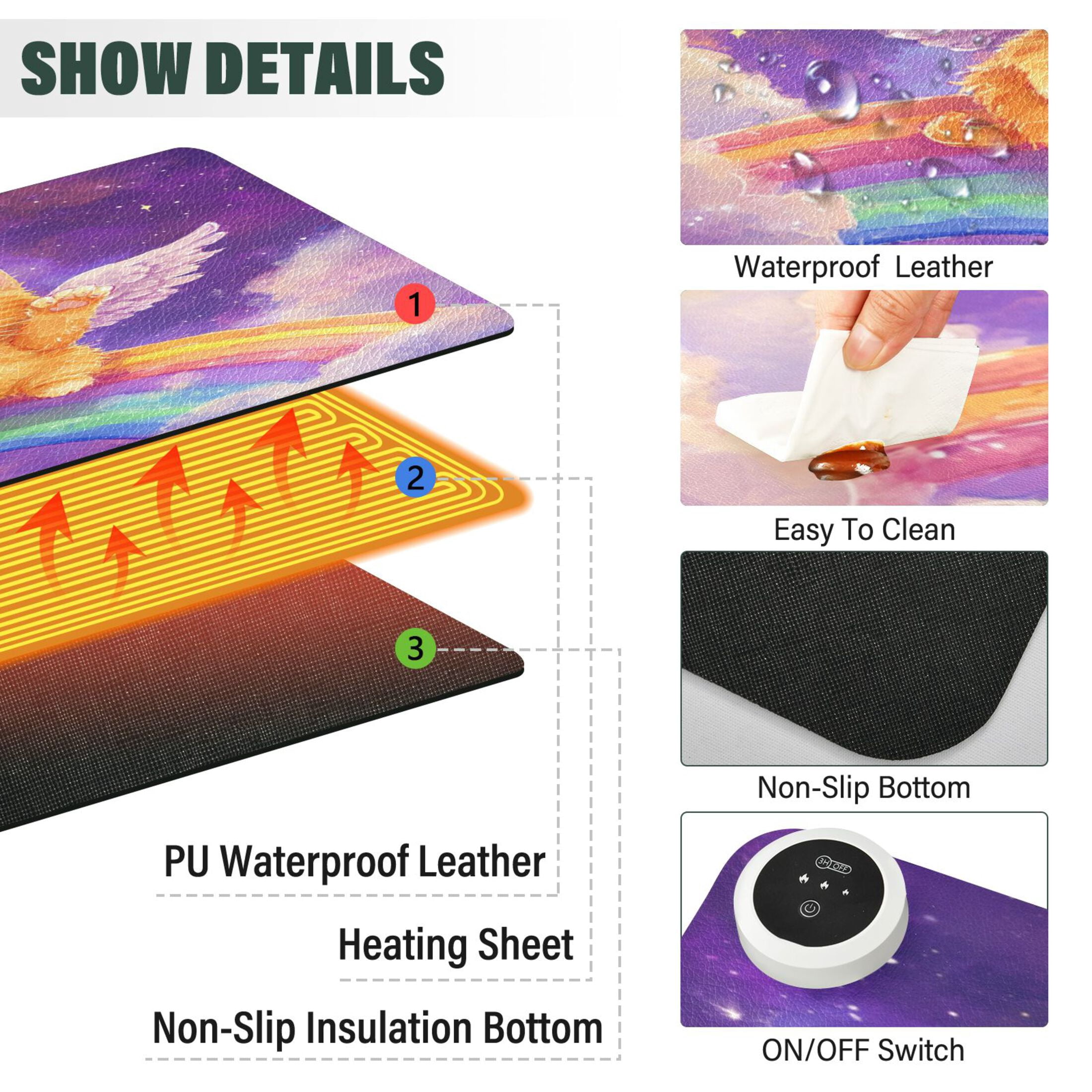 Wobogo Rainbow Angel Cat Heated Mouse Pad Extra-Large Desk Mat With 3 Heating Levels and 3-hour Auto Shut-Off Protection Ideal for Computer Keyboards Home Office Hand-warming Essential 31.5in × 13in