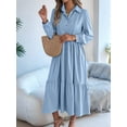 thumbnail image 4 of Womens Casual 3/4 Sleeve Shirt Dress Button Down V Neck Tiered Collared Flowy Maxi Dress Light Blue XL, 4 of 7