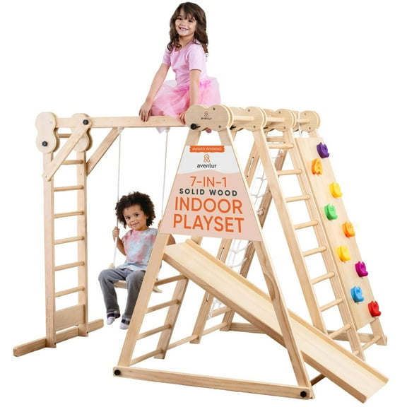 Avenlur Chestnut - The Ultimate Indoor 7-in-1 Playset and Foldable Jungle Gym for Kids Aged 2-8 with Slide, Rock Climb Wall, Climbing Ladder, Rope Net, Monkey Bars, Swing, and Ninja Ring - USA Company