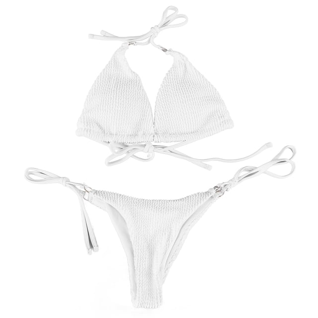 Conjunto de bikini entrecruzado con lazo lateral de color puro para mujer, traje de baño de 2 piezas, traje de baño para natación en la playa de verano, blanco M YUNYI BRAND Deportes