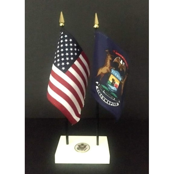 Made In . 1 American And 1 State Rayon 4"X6" Office Desk & Little Table Flag Executive Set, Includes A 2-Hole White Arcticsno Flag Base With A Great Seal And Two Flags (Michigan)