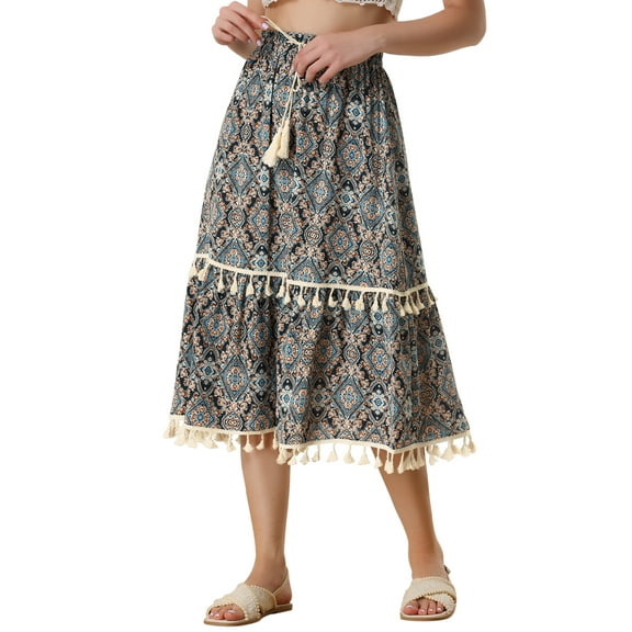 INSPIRE CHIC Women's Vintage Printed Elastic Waist Tiered Tassel Fringe Skirt XS Dark Blue