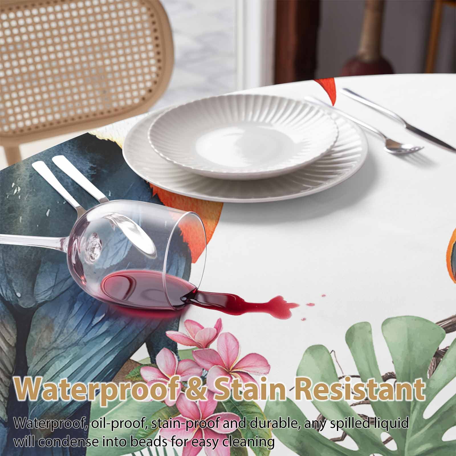 Round Tablecloth Tropical Botanical Waterproof Oil Proof Polyester Table Cloth Cover Decor for Home Dining Outdoor,Patio,Parties, 60" Dia. Palm Banana Leaf Toucan Green